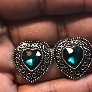 Vintage Heart-Shaped Silver Plated Stud Earrings with Green Gemstone